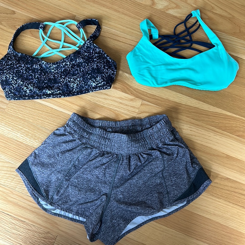 Lululemon gift set. Two sports bras and matching grey running short. All great